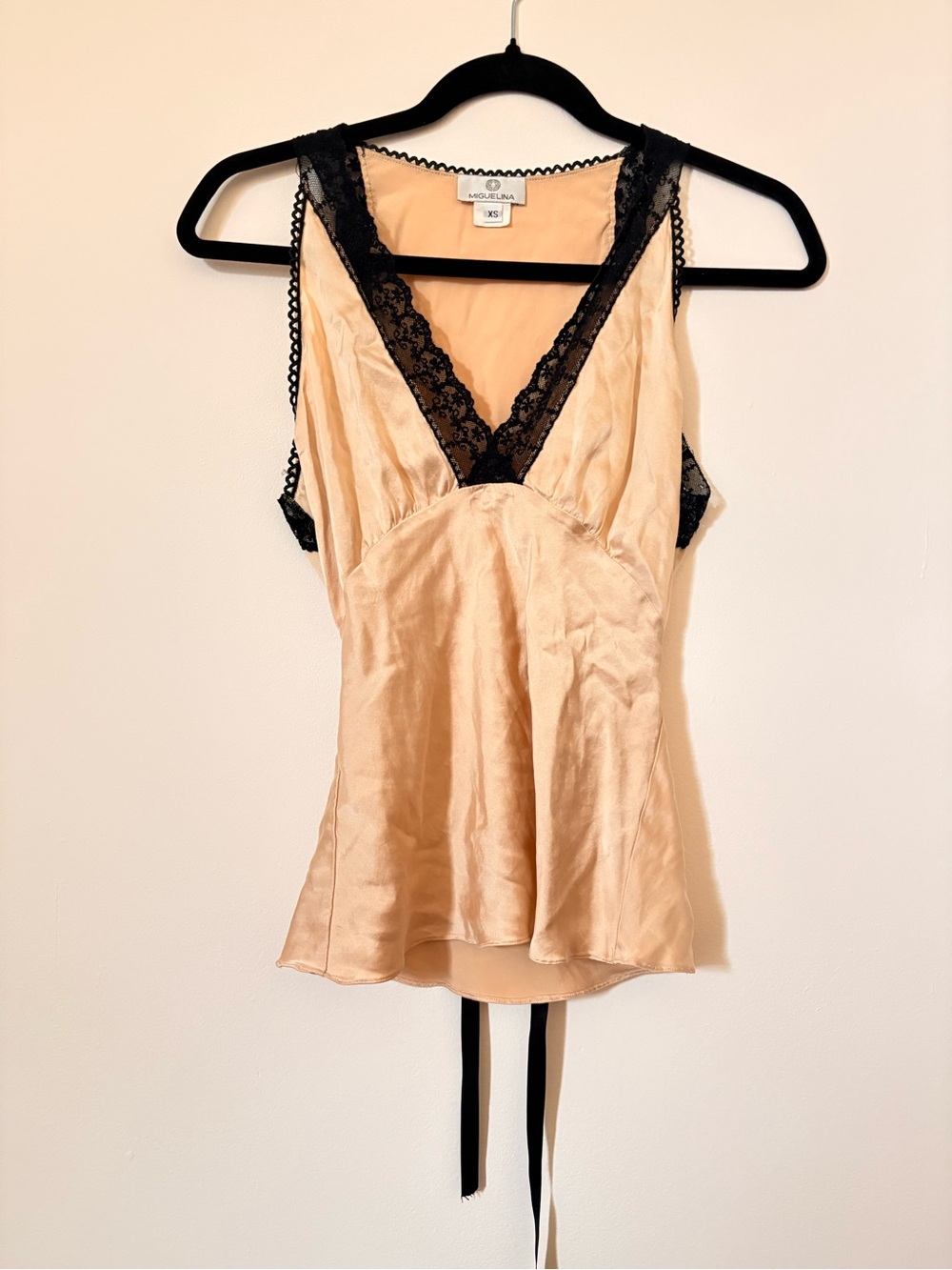 Champagne Satin Camisole with Black Lace Trim